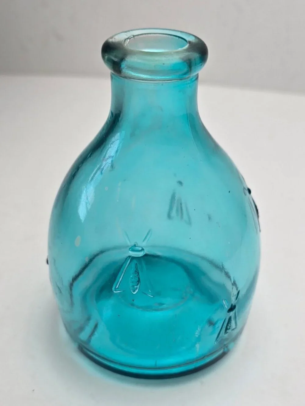 Vintage Turquoise Glass Wasp or Fly Catcher Bottle w/ Raised Insect Motifs 50s*